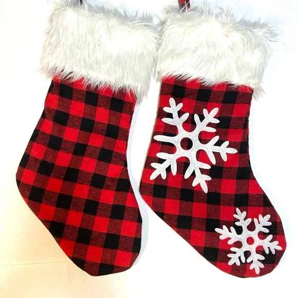 Red and Black Buffalo Plaid Christmas Santa Stockings. Faux Fur Trim 18"L x 7.5W - Picture 1 of 11